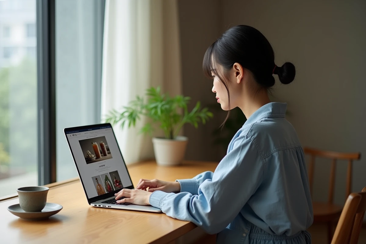 Jeune femme japonaise recherchant des omamori artisanaux sur une plateforme en ligne depuis son appartement à Tokyo
