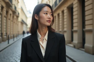 Actrice asiatique en veste noire dans une rue pavée parisienne, illustrant l'attrait des réalisateurs européens pour les talents asiatiques