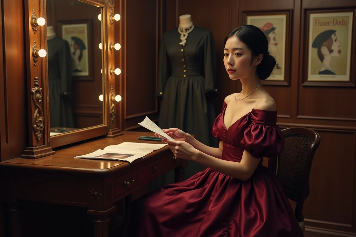 Actrice coréenne en coulisses d'un théâtre européen lisant un script, symbolisant la collaboration artistique interculturelle