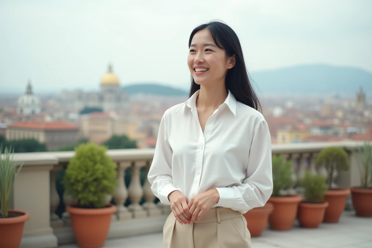 Actrice japonaise en interview sur une terrasse avec panorama urbain européen, représentant le dialogue entre cinémas asiatique et européen