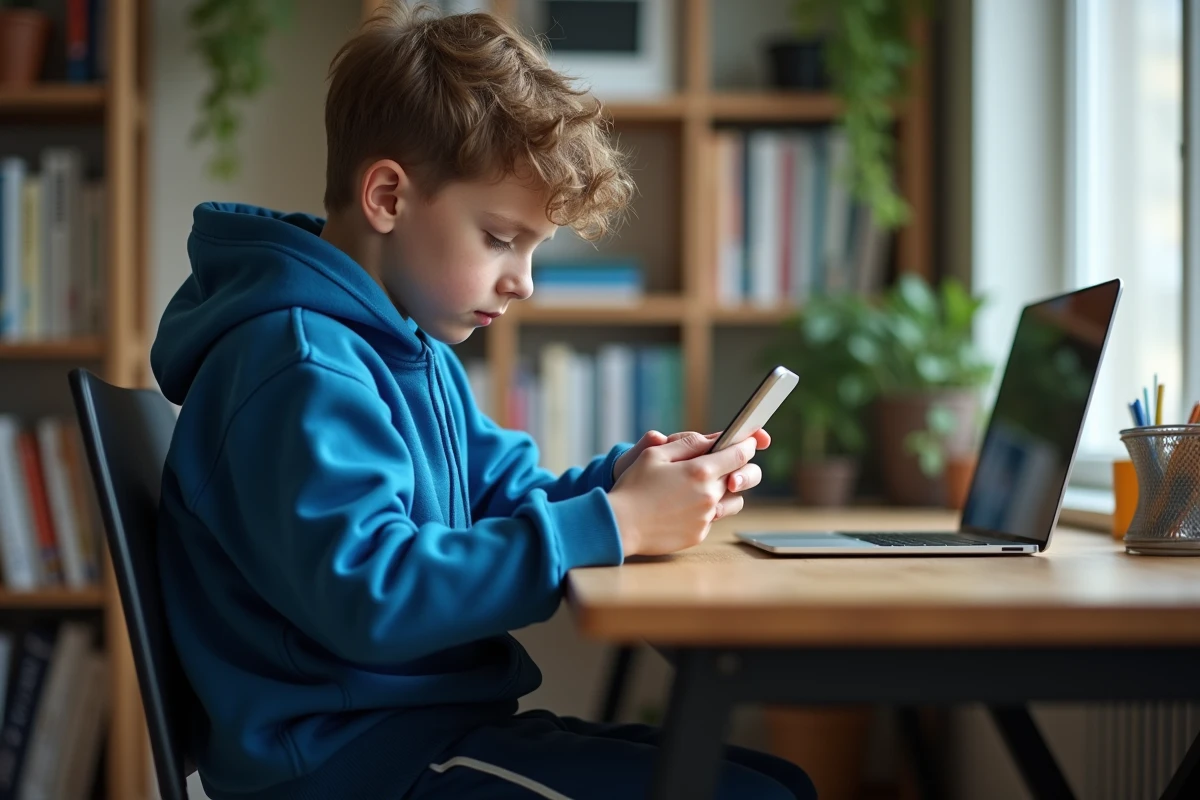 Adolescent concentré vérifiant Snapchat à son bureau