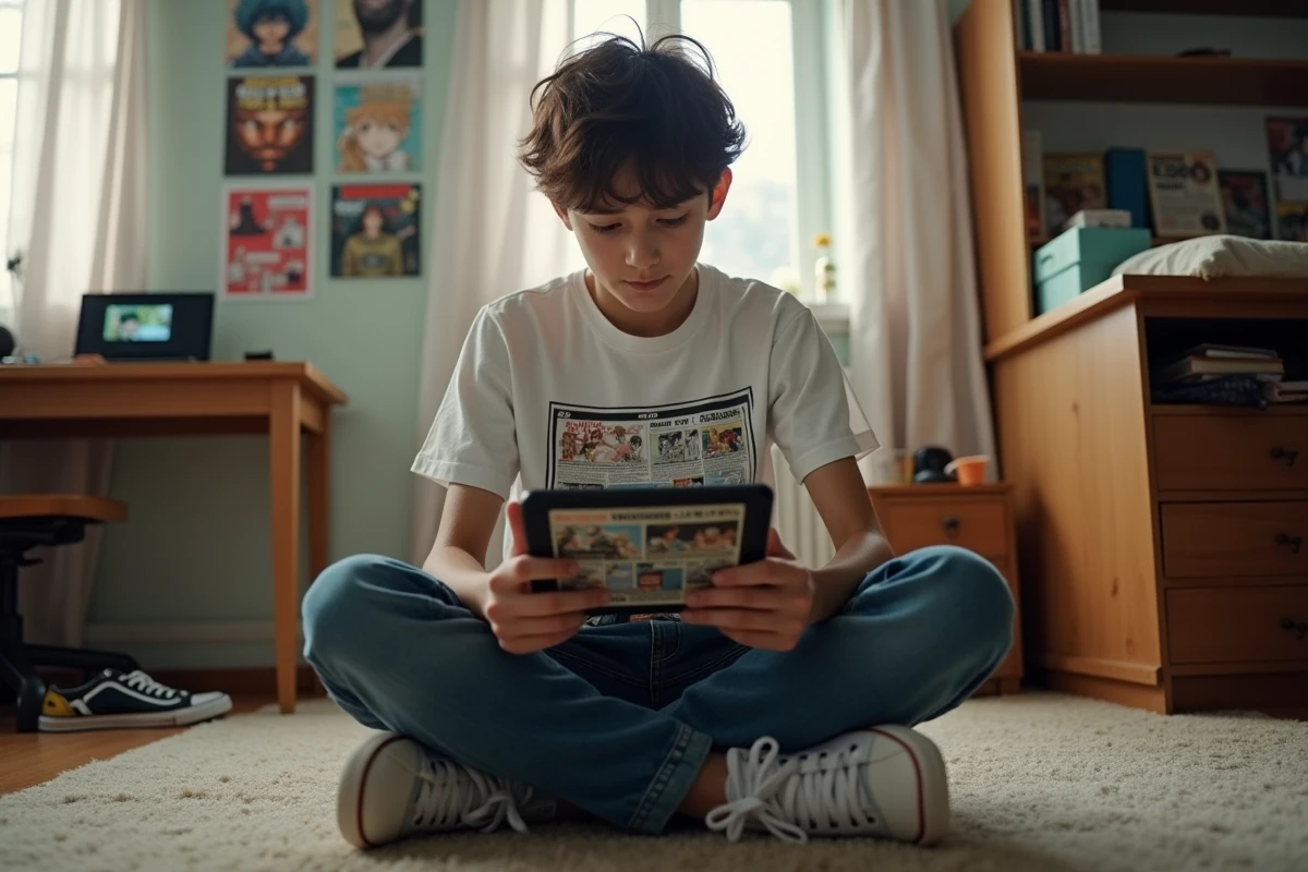 Adolescent lisant des scans de manga sur une tablette dans sa chambre, représentant l'usage courant des plateformes de scans parmi les jeunes lecteurs