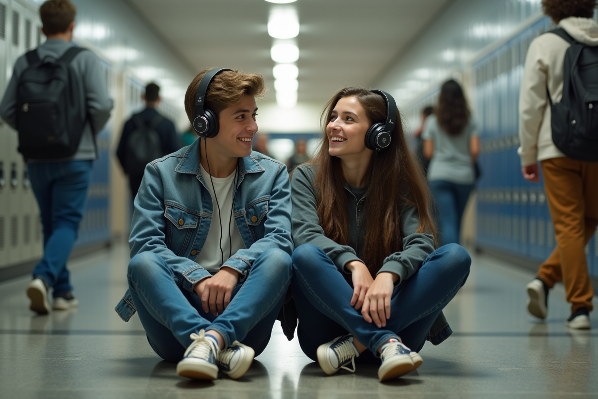 Deux adolescents souriants partageant des écouteurs dans un couloir