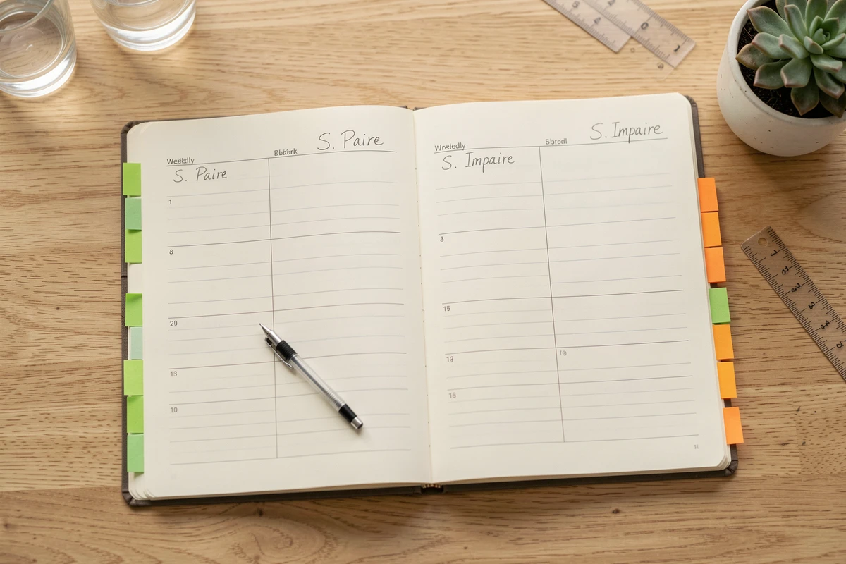 Vue aérienne d'un agenda ouvert avec deux semaines paire et impaire annotées à la main sur un bureau en bois clair