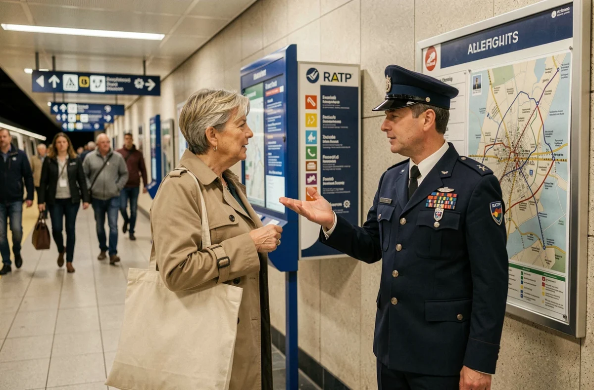 Une voyageuse interrogeant un agent RATP en uniforme dans un couloir de station de métro lors d'une perturbation de ligne