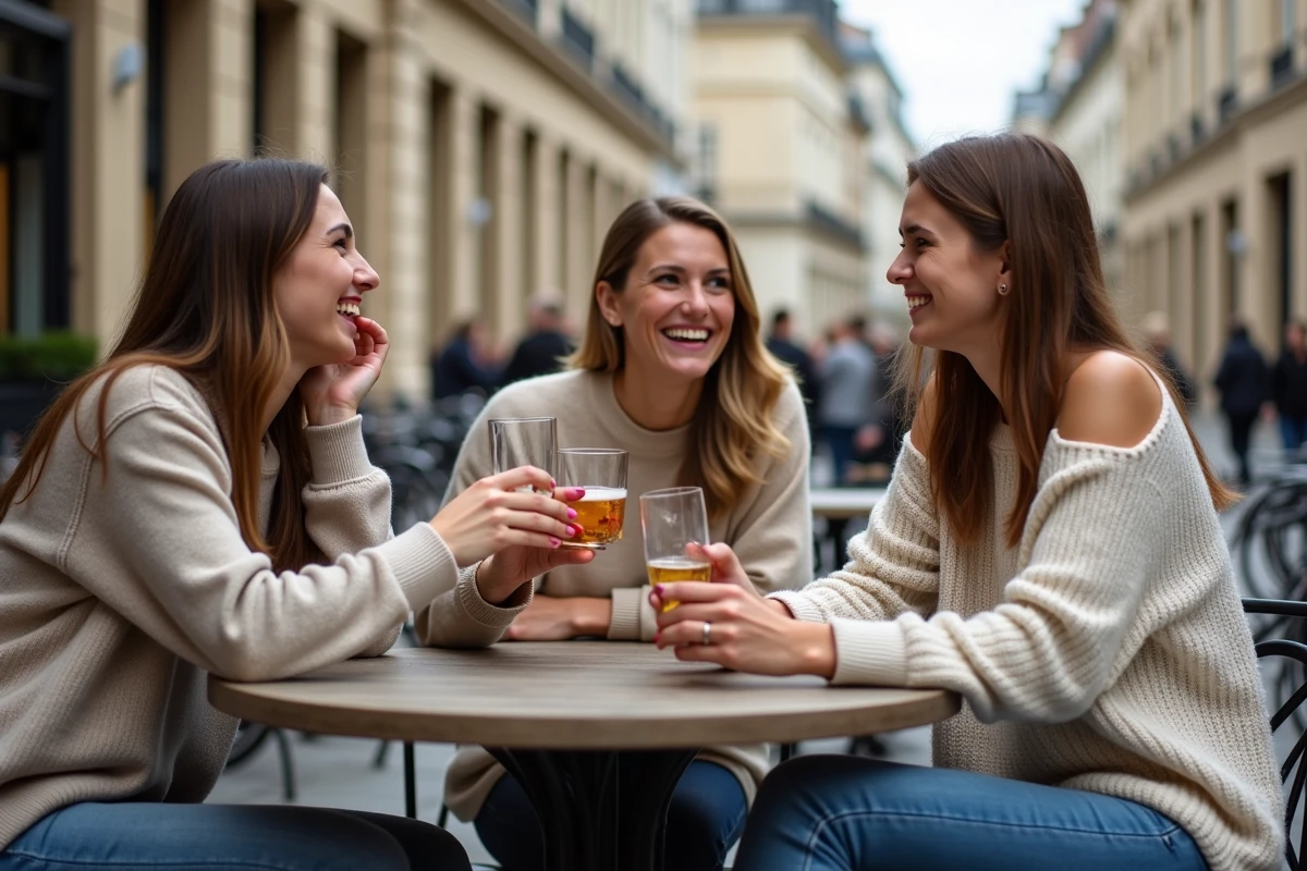 Groupe d'amis riant au café à Bordeaux