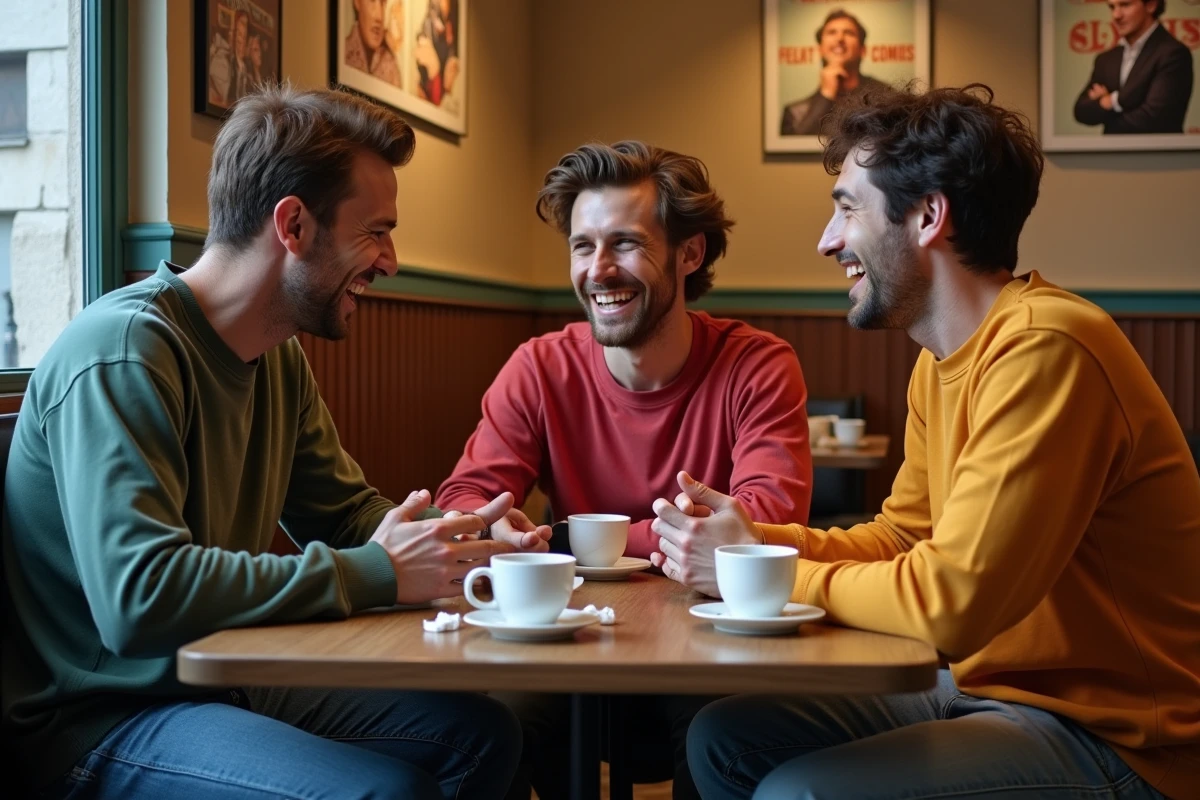Trois hommes français rient dans un café parisien