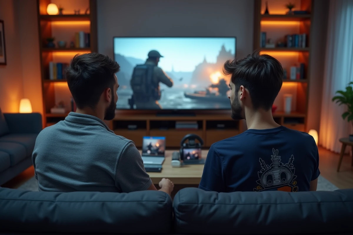 Deux amis gamers réagissant avec enthousiasme à l'annonce d'un nouveau FPS sur grand écran dans un salon