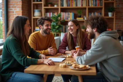 Groupe d amis jouant au pendu dans un salon convivial