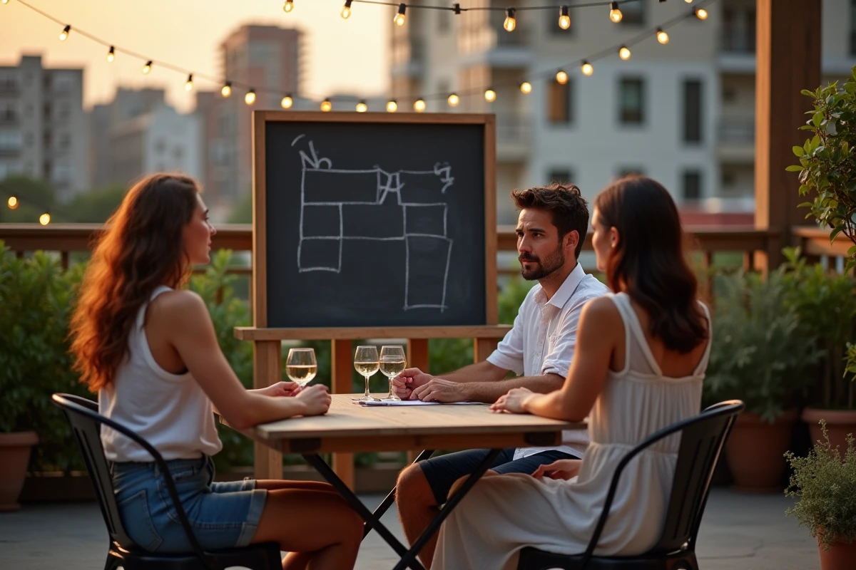 Trois amis jouant au pendu sur une terrasse en été