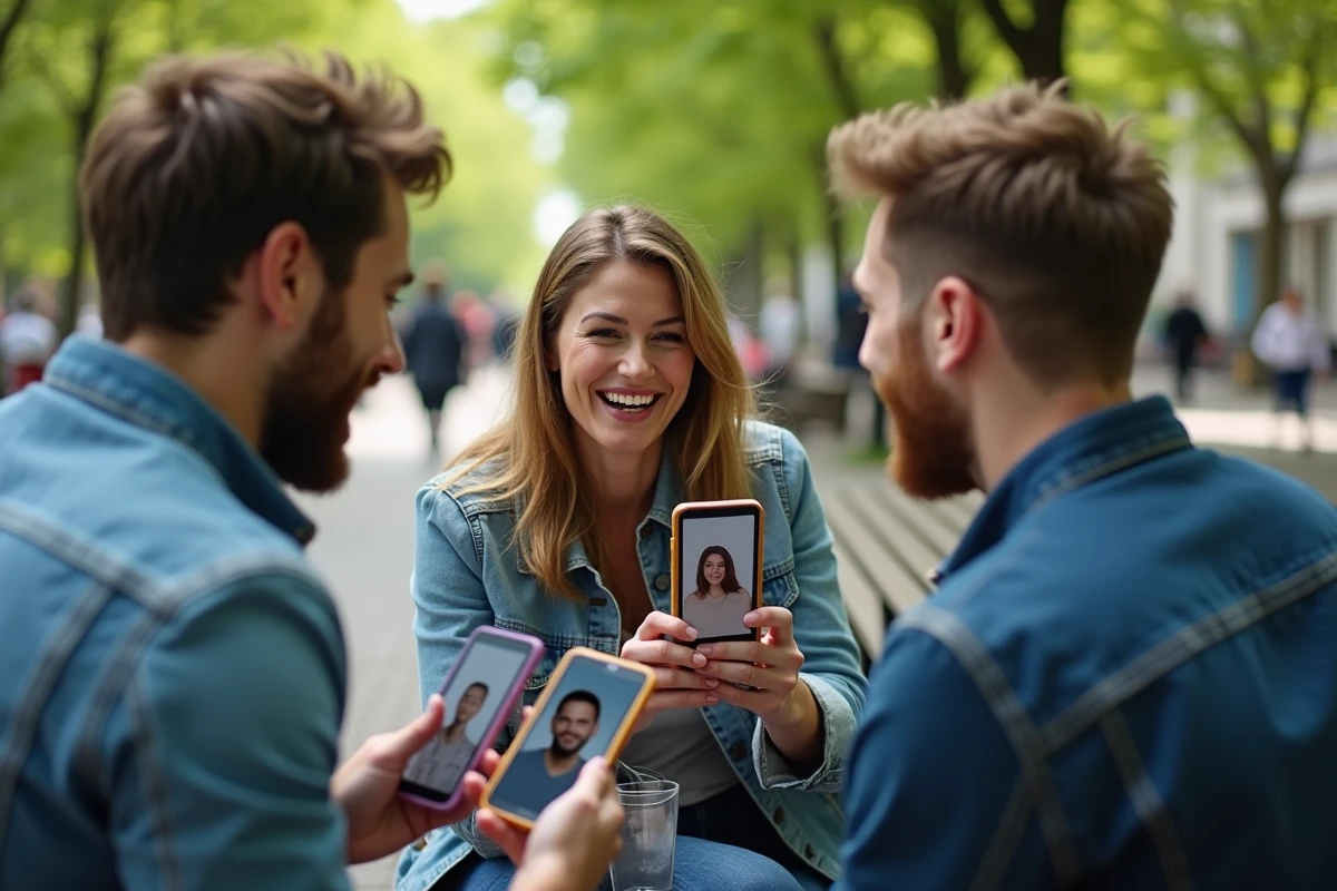Trois amis au parc regardant leurs smartphones avec célébrités
