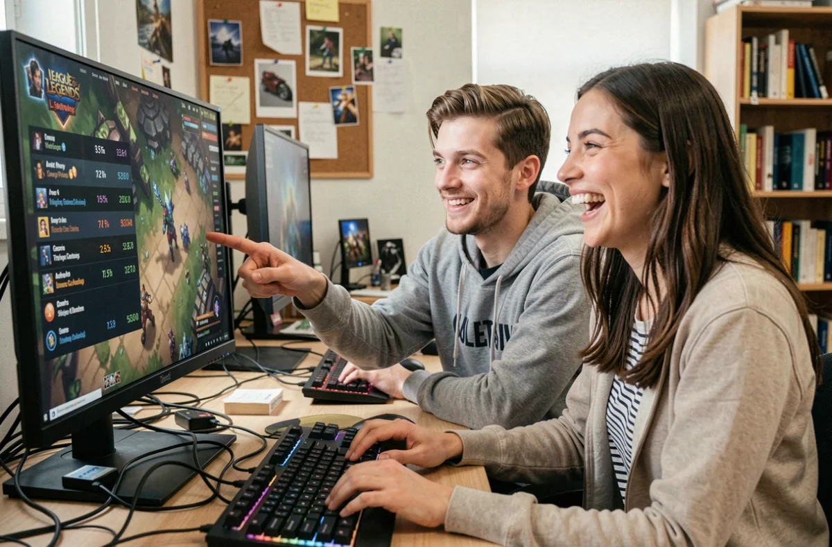 Deux amis qui rient ensemble en regardant leurs statistiques de temps de jeu sur League of Legends