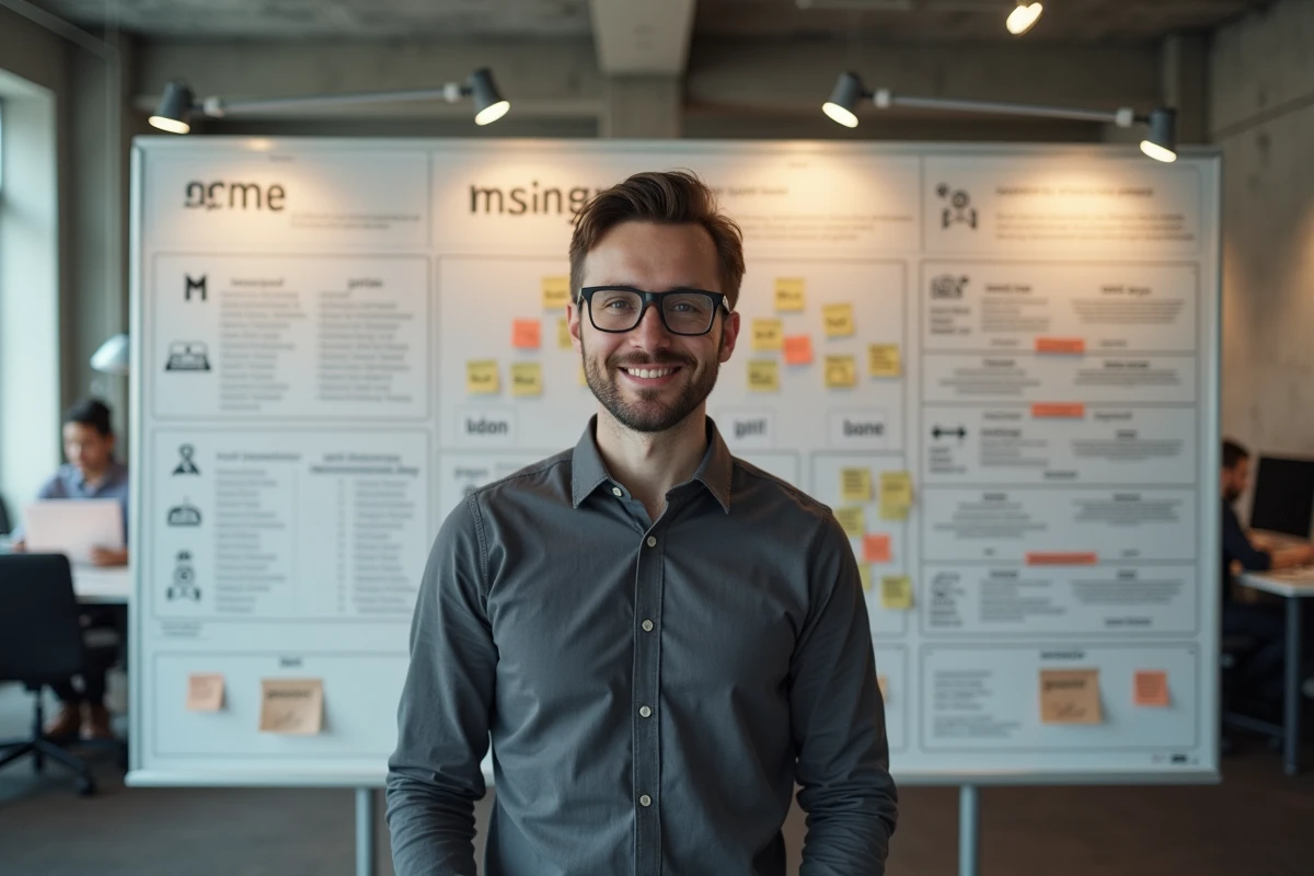 Développeur ou analyste gaming devant un tableau de planning de sortie de jeu vidéo FPS dans un bureau moderne