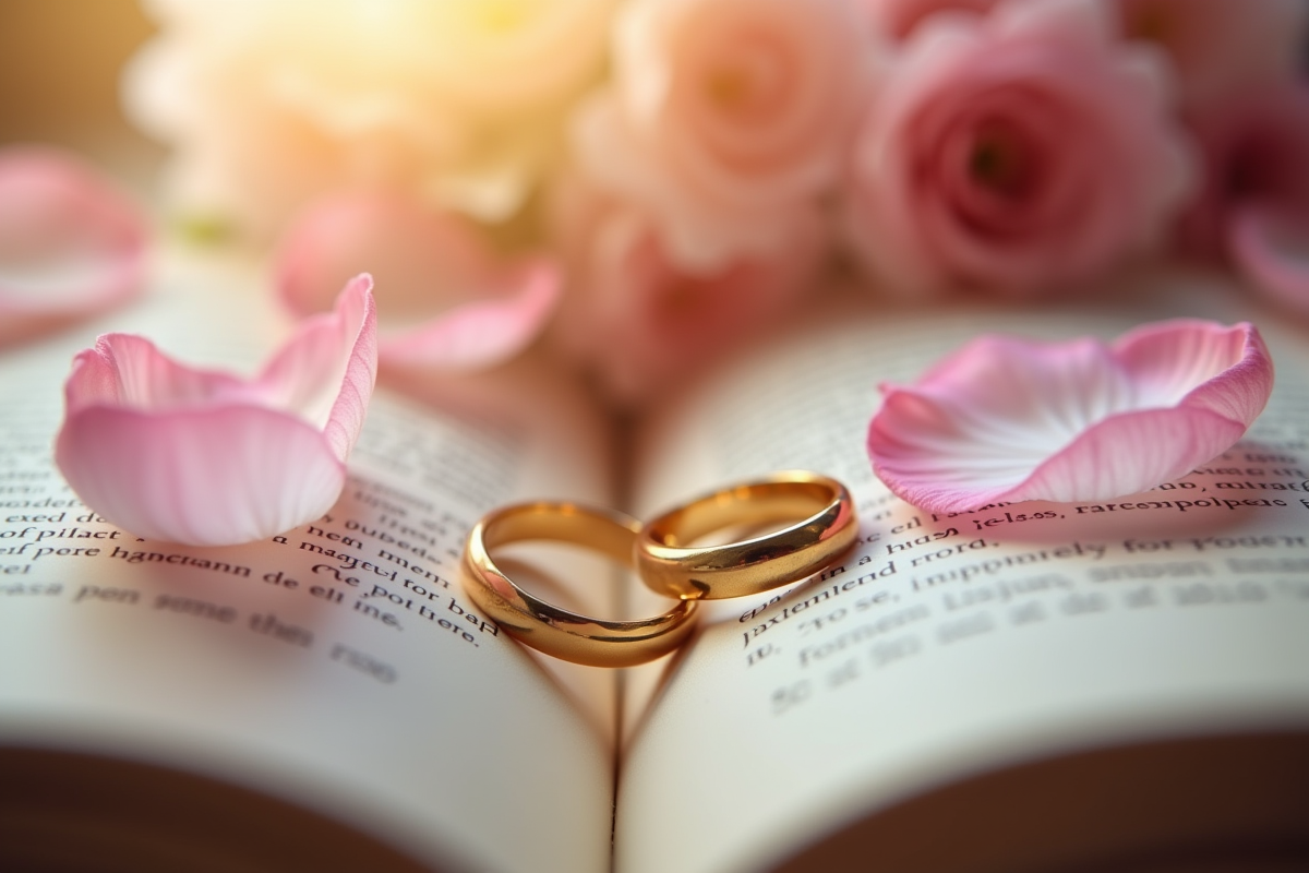 Anneaux de mariage entrelacés sur un livre avec des pétales de fleurs