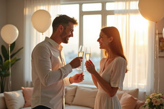 Couple heureux célébrant leur anniversaire à la maison