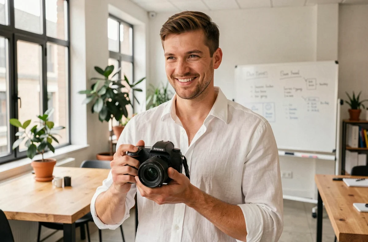 Antoine G., vidéaste indépendant en Haute-Garonne, posant avec sa caméra dans un espace de coworking à Toulouse