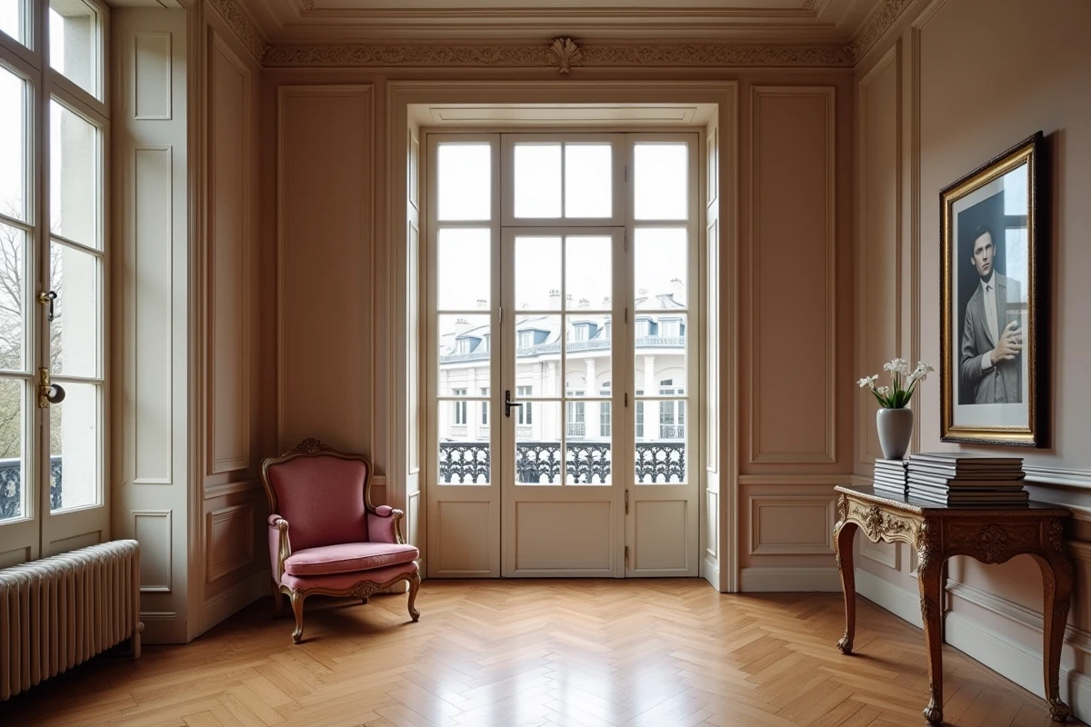 Intérieur d'un appartement haussmannien parisien vide et raffiné avec mobilier ancien et livres empilés, symbolisant l'héritage culturel et patrimonial laissé après la disparition d'une personnalité intellectuelle
