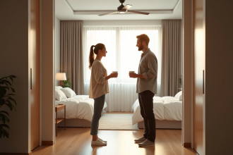 Appartement lumineux avec deux chambres modernes et un couple souriant