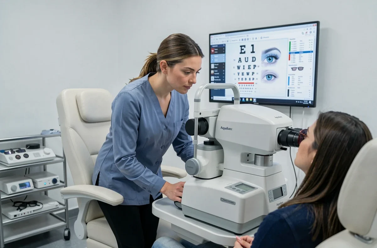 Opticienne d'Aqueduc Vision à Fresnes réalisant un examen de vue dans une salle de consultation moderne