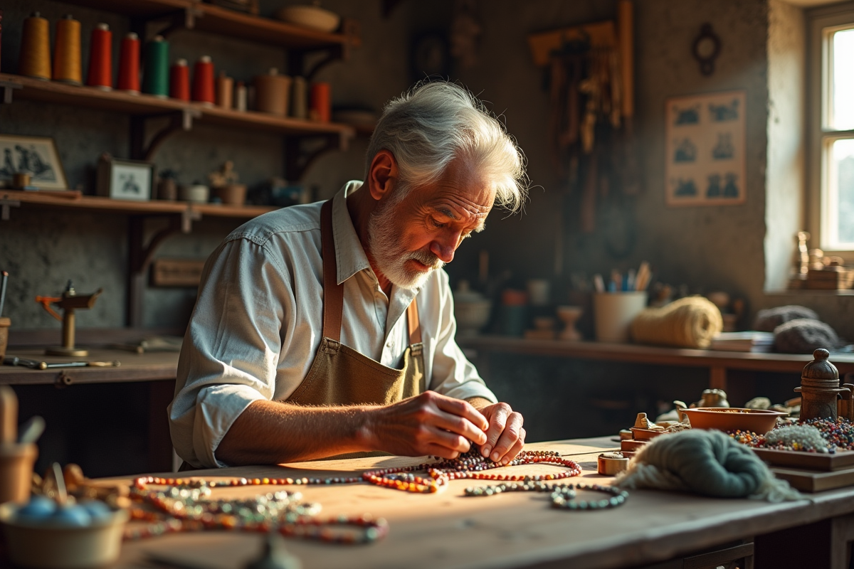 Artisan âgé fabriquant un collier de perles dans son atelier