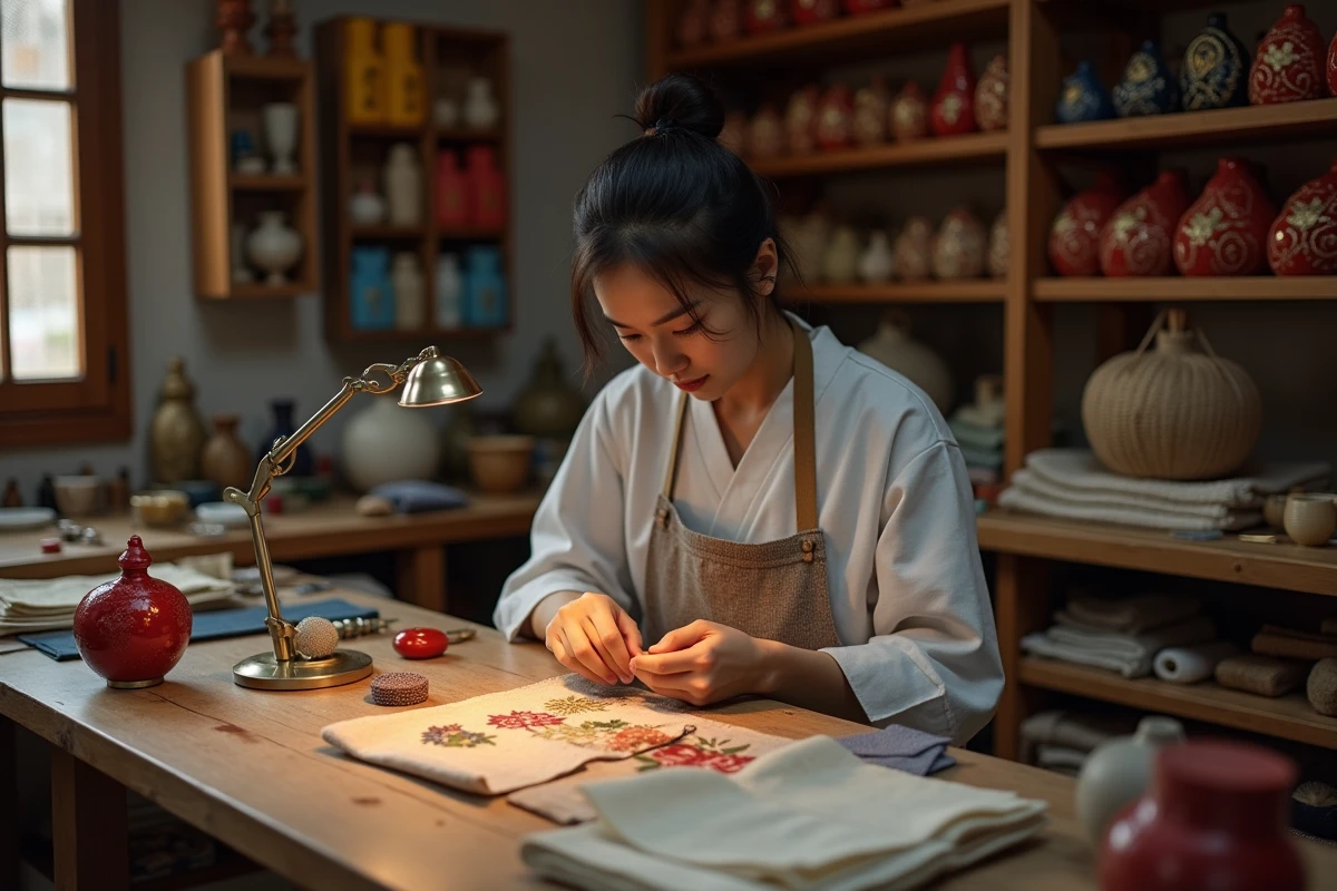 Artisane japonaise cousant un omamori artisanal dans son atelier traditionnel à Kyoto