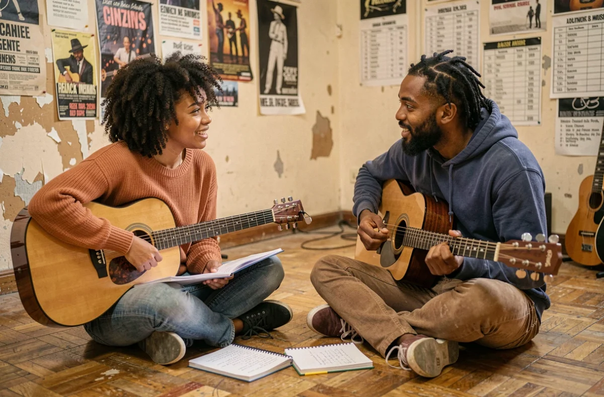 Deux artistes reggae français en répétition à Marseille, collaboration musicale et écriture de chansons en coulisses