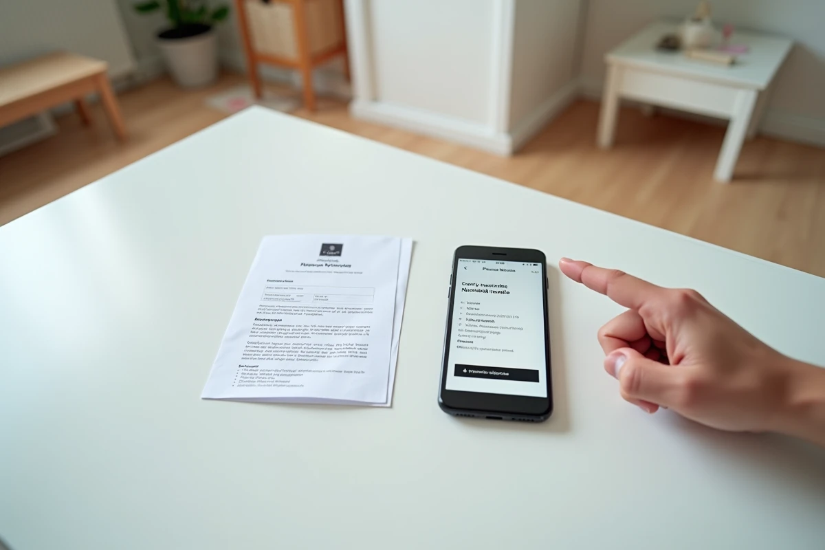 Avis de passage DPD et smartphone affichant une erreur de numéro de suivi posés sur une table blanche à l'entrée d'un appartement
