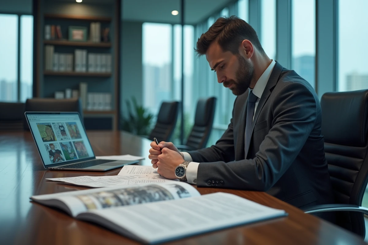 Professionnel du droit examinant des documents liés aux droits d'auteur des mangas et scans numériques dans un bureau juridique moderne