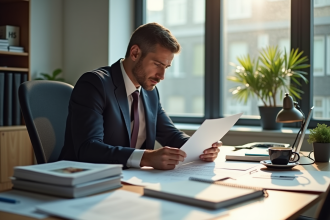 Avocat lisant un document juridique dans un bureau lumineux