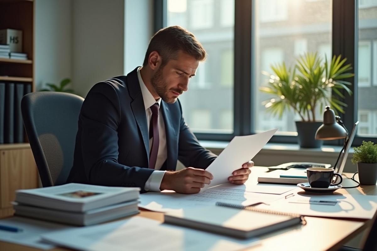 Avocat lisant un document juridique dans un bureau lumineux