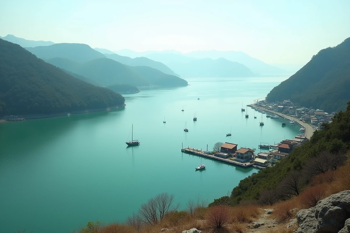 Vue panoramique d'une baie japonaise calme entourée de collines boisées avec des bateaux de pêche traditionnels