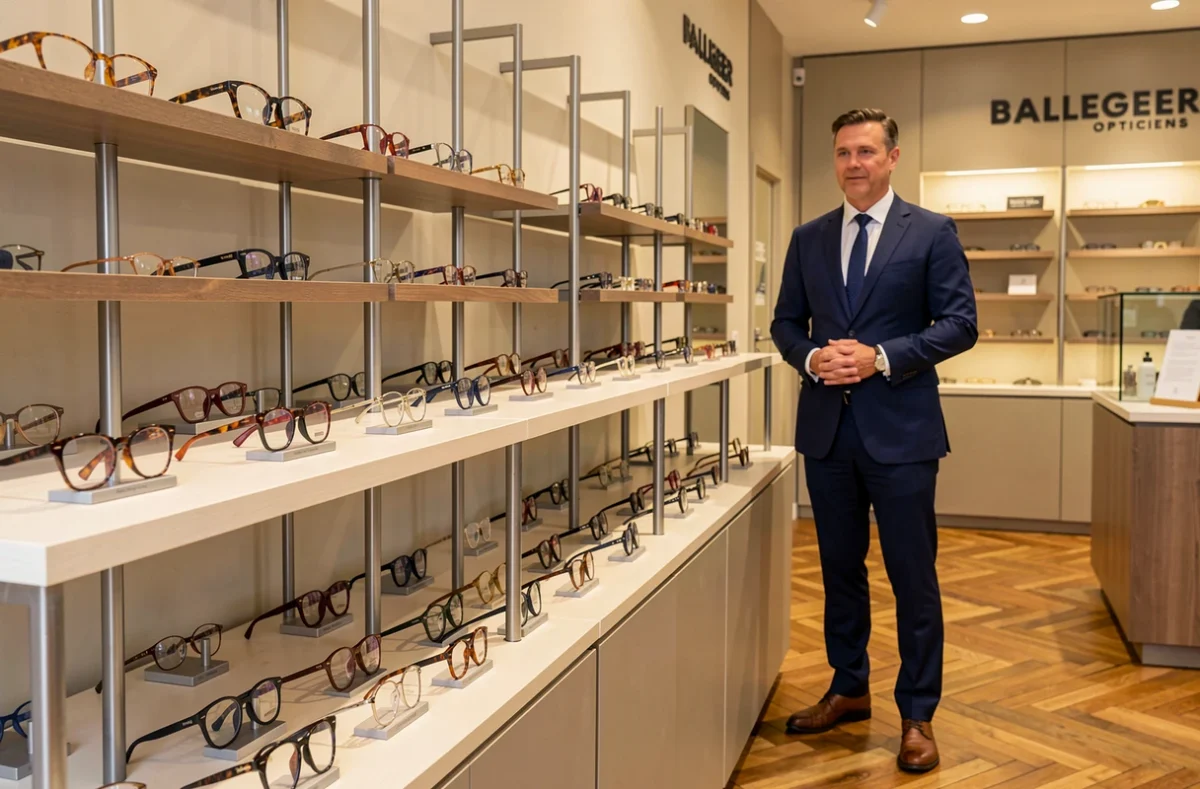 Présentation de montures de lunettes chez Ballegeer Opticiens à Fresnes avec un opticien en arrière-plan