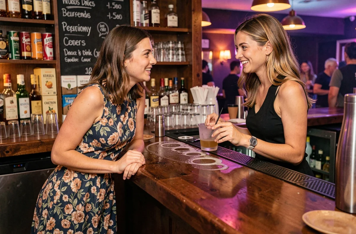Jeune femme commandant un cocktail abordable au bar d'une discothèque à Perpignan