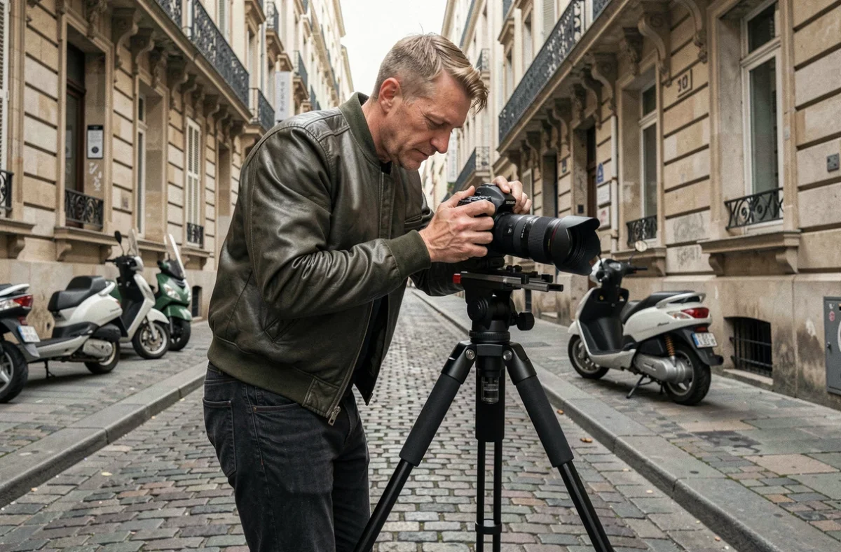 Vidéaste Benzin filmant dans une rue urbaine pavée de Toulouse avec son équipement de tournage