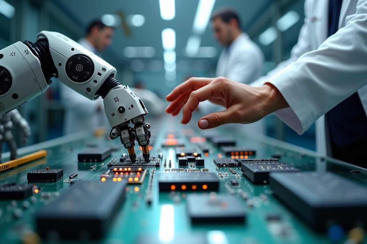 Bras robotique et main humaine collaborant en usine futuriste