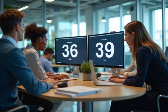 Bureau moderne avec employés concentrés sur écrans affichant 36 et 39