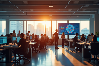Bureau moderne open space avec équipe diverse et écran AI