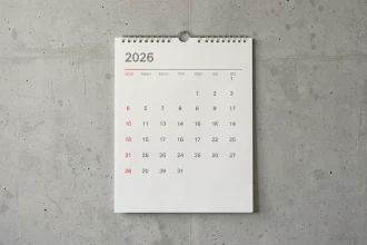Calendrier mural minimaliste 2026 imprimé sur papier mat blanc accroché à un mur en béton, design épuré avec typographie en gris charbon