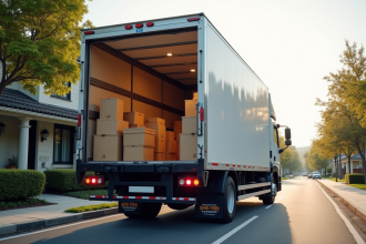 Camion de déménagement de 30 m3 dans une rue résidentielle lumineuse