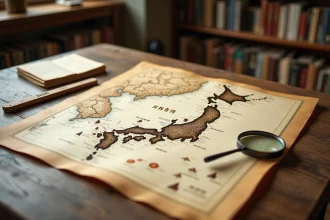 Carte ancienne du Japon dépliée sur une table en bois montrant les baies côtières avec des annotations calligraphiées