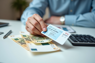 Main tenant une carte grise et des euros sur un bureau lumineux
