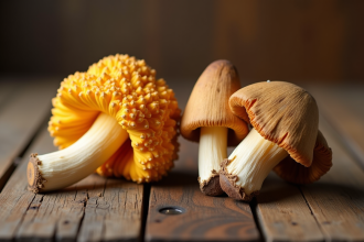 Champignons de chanterelle et girolle frais sur une table en bois