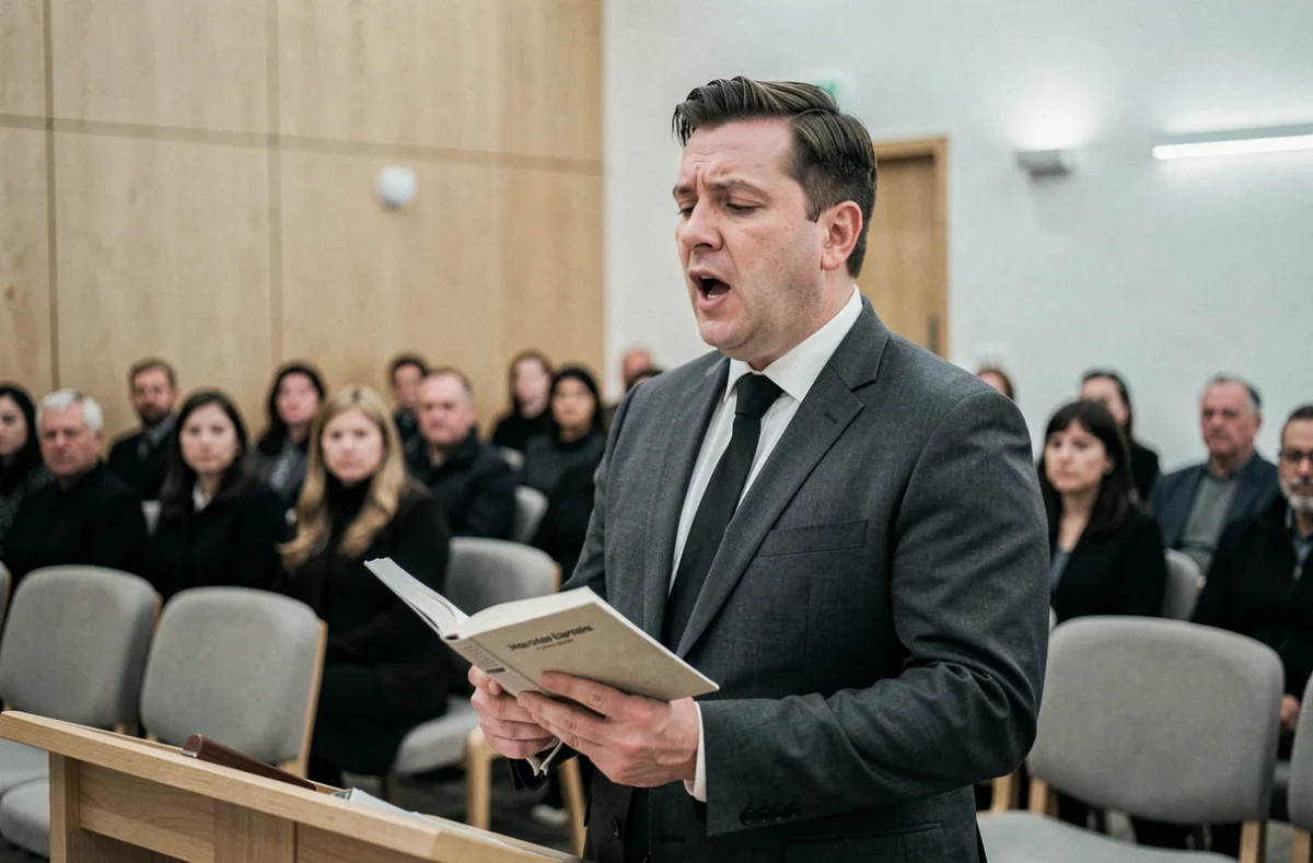 Chanteur interprétant un chant funèbre dans une chapelle de crématorium moderne devant une assemblée en deuil