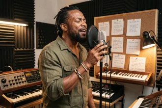 Chanteur de reggae français en studio d'enregistrement parisien, micro condenser vintage, ambiance coulisses musicales