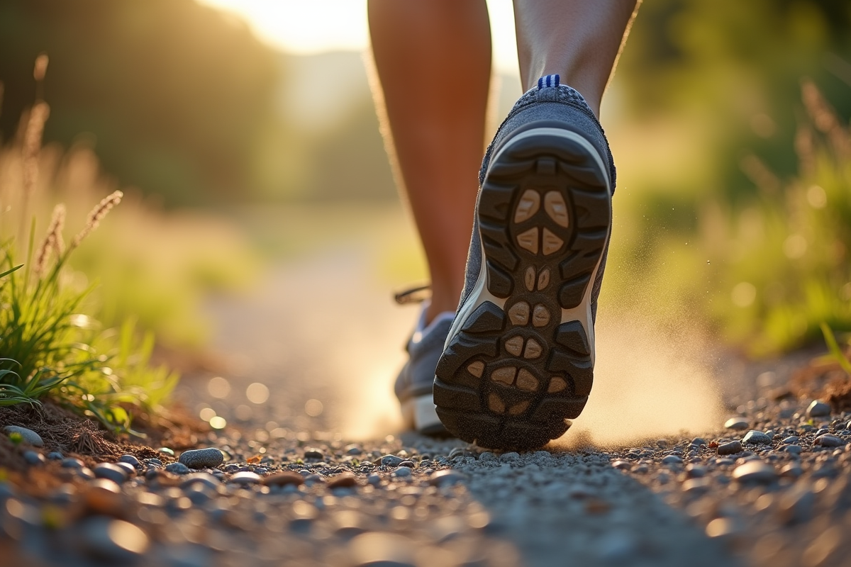 Détail de chaussures confortables sur un sentier en gravier en plein jour