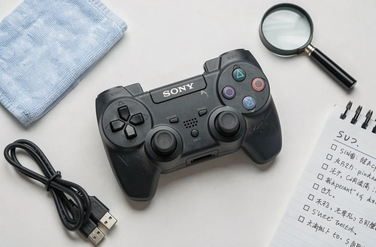 Vue à plat d'une console portable Sony reconditionnée avec accessoires de vérification et checklist sur un bureau blanc
