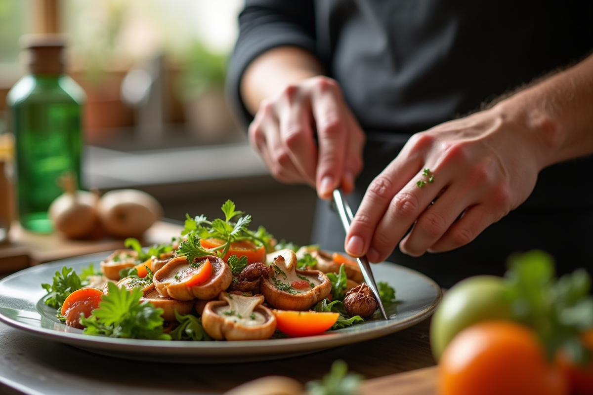Chef préparant une salade de champignons colorée dans la cuisine