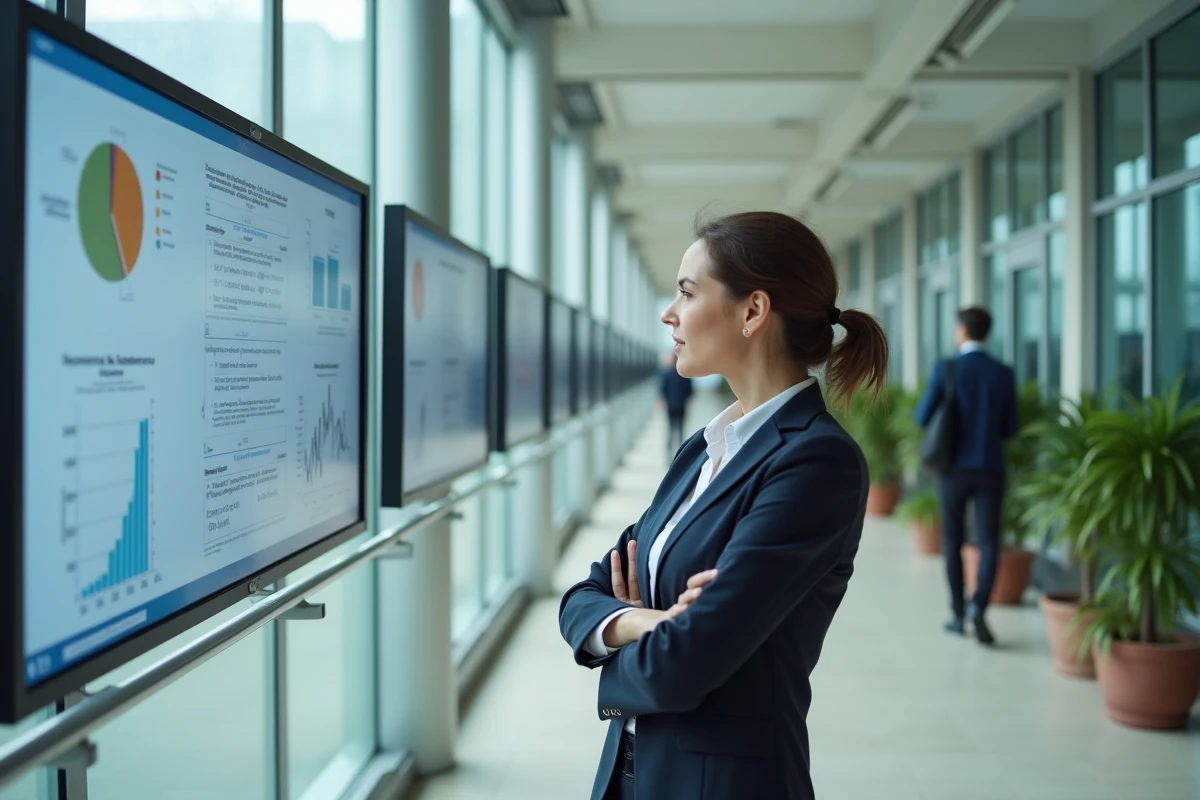 Chercheuse en professionnel examinant affiches et écrans dans un couloir moderne