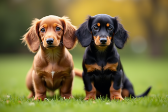 Deux teckels dachshund en extérieur en journée en focus sur leurs visages