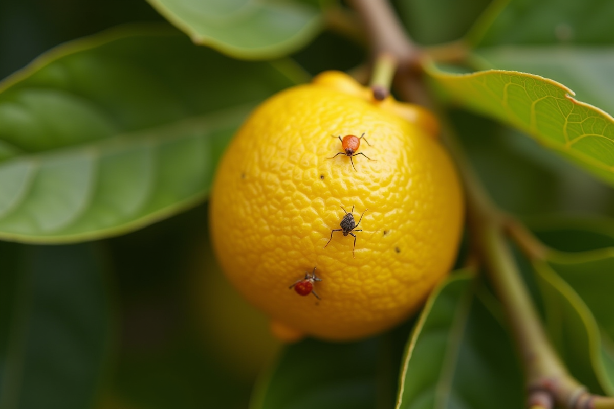Citron affecte par les cochenilles en gros plan